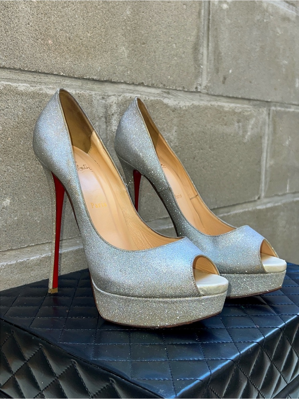 Christian Louboutin Silver Glitter Lady Peep Pumps Size 42.
